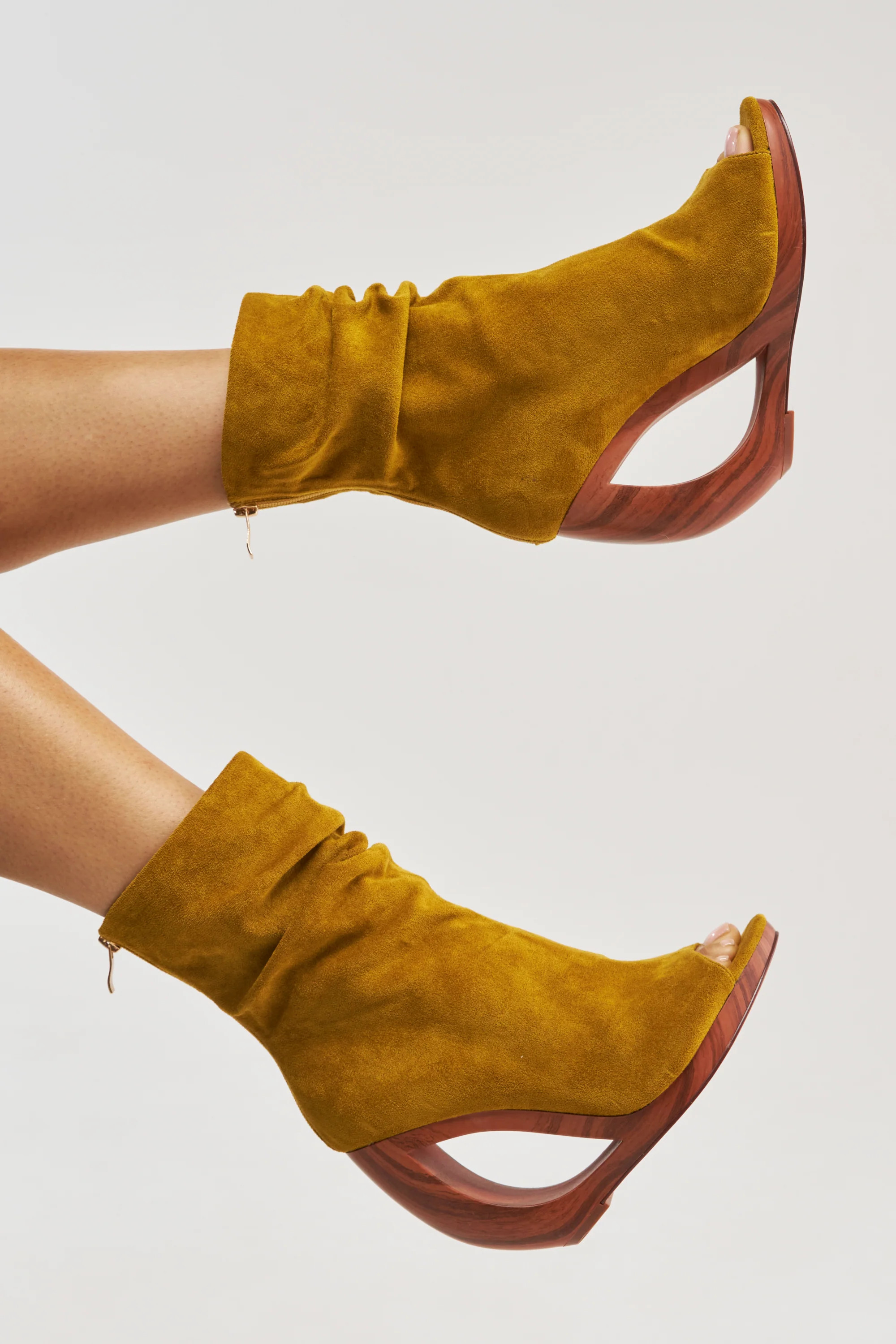 AZALEA WANG ARLO MUSTARD WEDGE OPEN TOE FAUX SUEDE BOOTIE | AKIRA