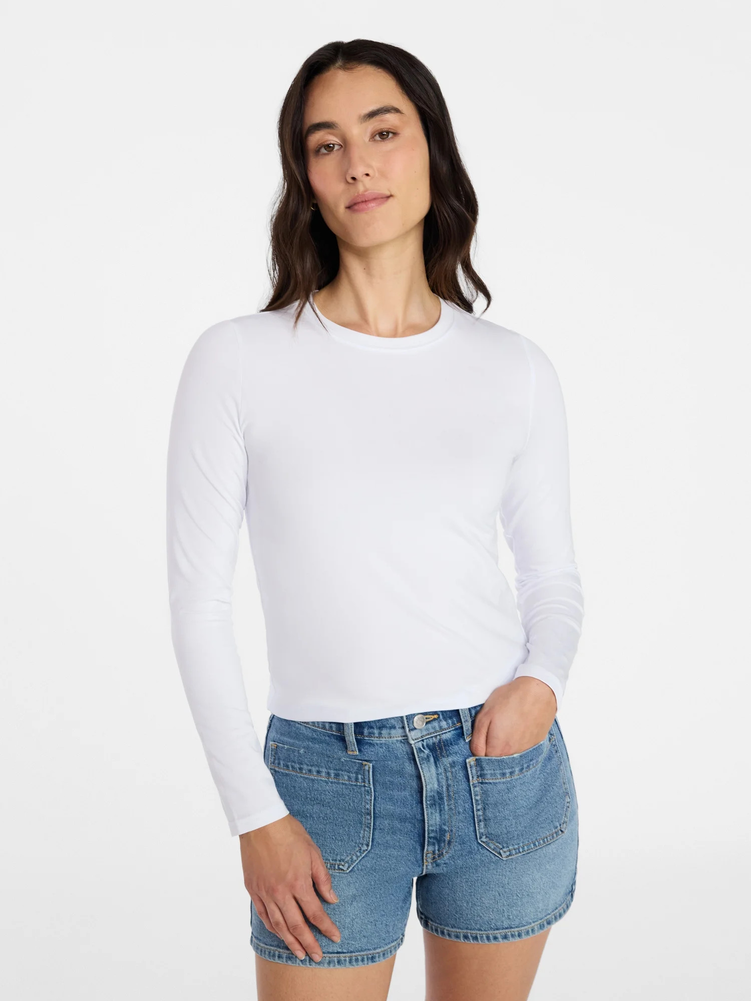 Time and Tru Women's Slim Crewneck Tee with Long Sleeves, Sizes XS-XXXL | Walmart (US)