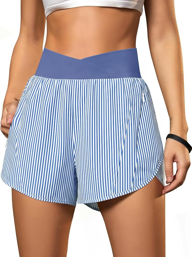 Blooming Jelly Women's Athletic Running Shorts Crossover Gym Workout Shorts | Stretchy High Waist... | Amazon (US)