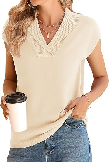 Ivicoer Sweater Vest Women V-Neck Knitted Pullover Short Cap Sleeve Collared Tops Dressy Casual 2... | Amazon (US)