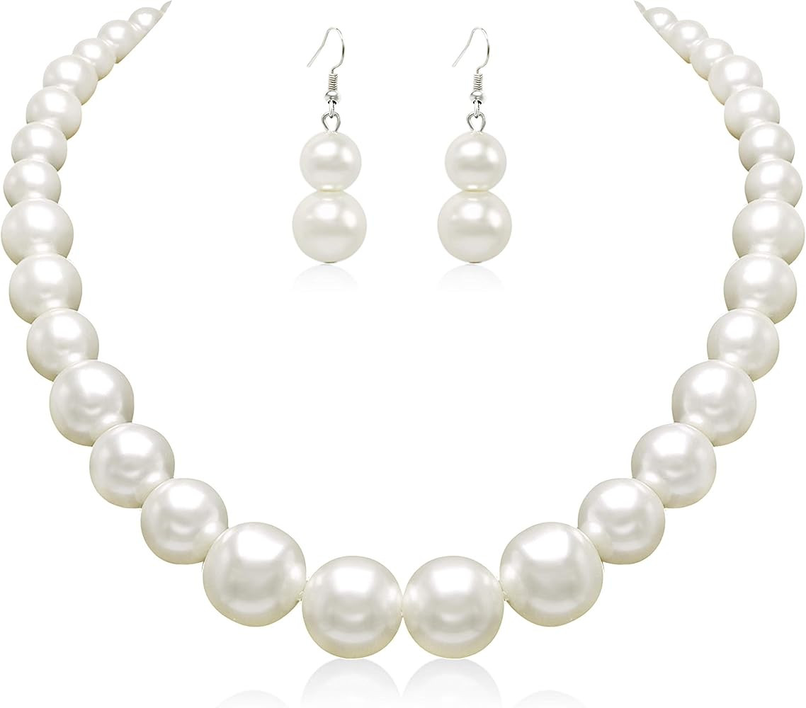 Pearl Choker Necklace for Women Faux Pearl Beads Strand Necklace Earring Set Costume Jewelry | Amazon (US)