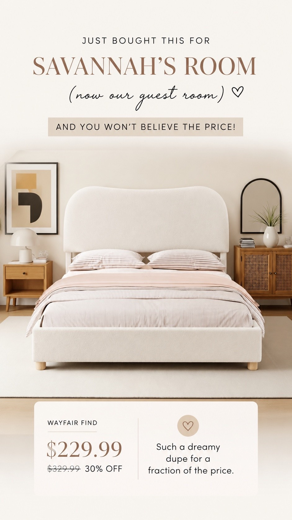 Guest Room Bed Find ✨ Neutral Designer Look for Less

I just ordered this boucle bed for Savannah’s room… now our future guest room 🤍
The soft curves, creamy texture, and designer look completely sold me — but the PRICE is what really shocked me. It looks so high-end for a fraction of what similar styles cost.

If you love that cozy neutral RH-inspired look without the luxury markup, this one is such a good find.

#LTKHome #LTKSaleAlert