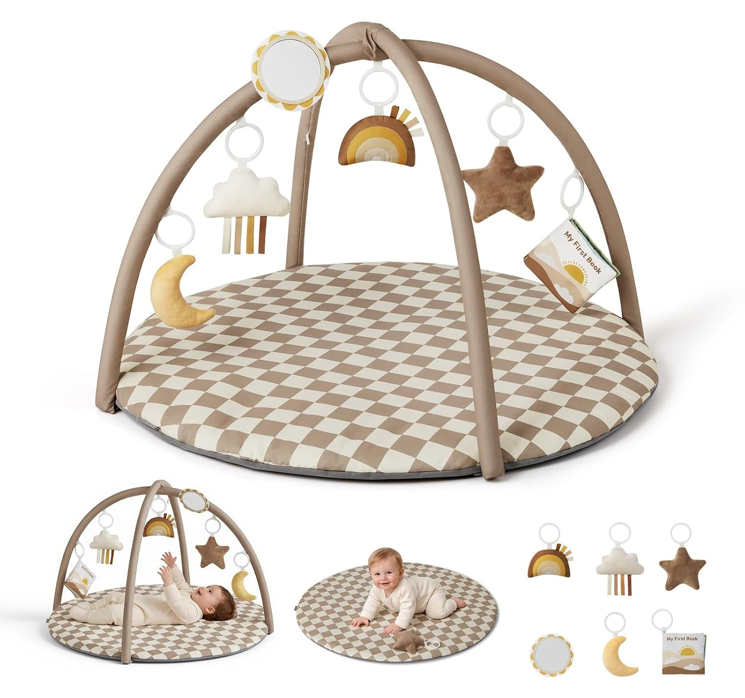 Blissful Diary Baby Play Gym Mat, Play Mat Activity Mat with 6 Detachable Toys for Stage-Based Sensory & Motor Skill Development, Easy to Install & Clean, Baby Essentials Gift, Brown Checkerboard | Amazon (US)