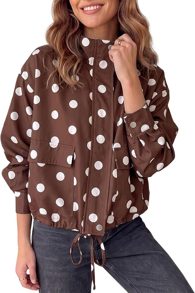 Fisoew Women Casual Cropped Jacket Polka Dot Zipper Up Oversized Fall Coat | Amazon (US)
