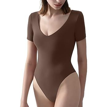 PUMIEY Women's V Neck Short Sleeve Bodysuit Sexy Tops Sharp Collection | Amazon (US)