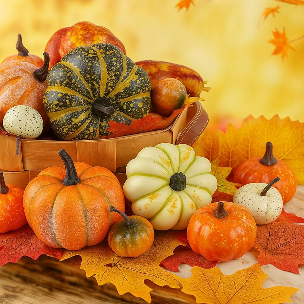 HAKACC 14 PCS Artificial Mixed Pumpkins for Decorating, Fake Pumpkins with 30PCS Fake Maple Leave... | Amazon (US)