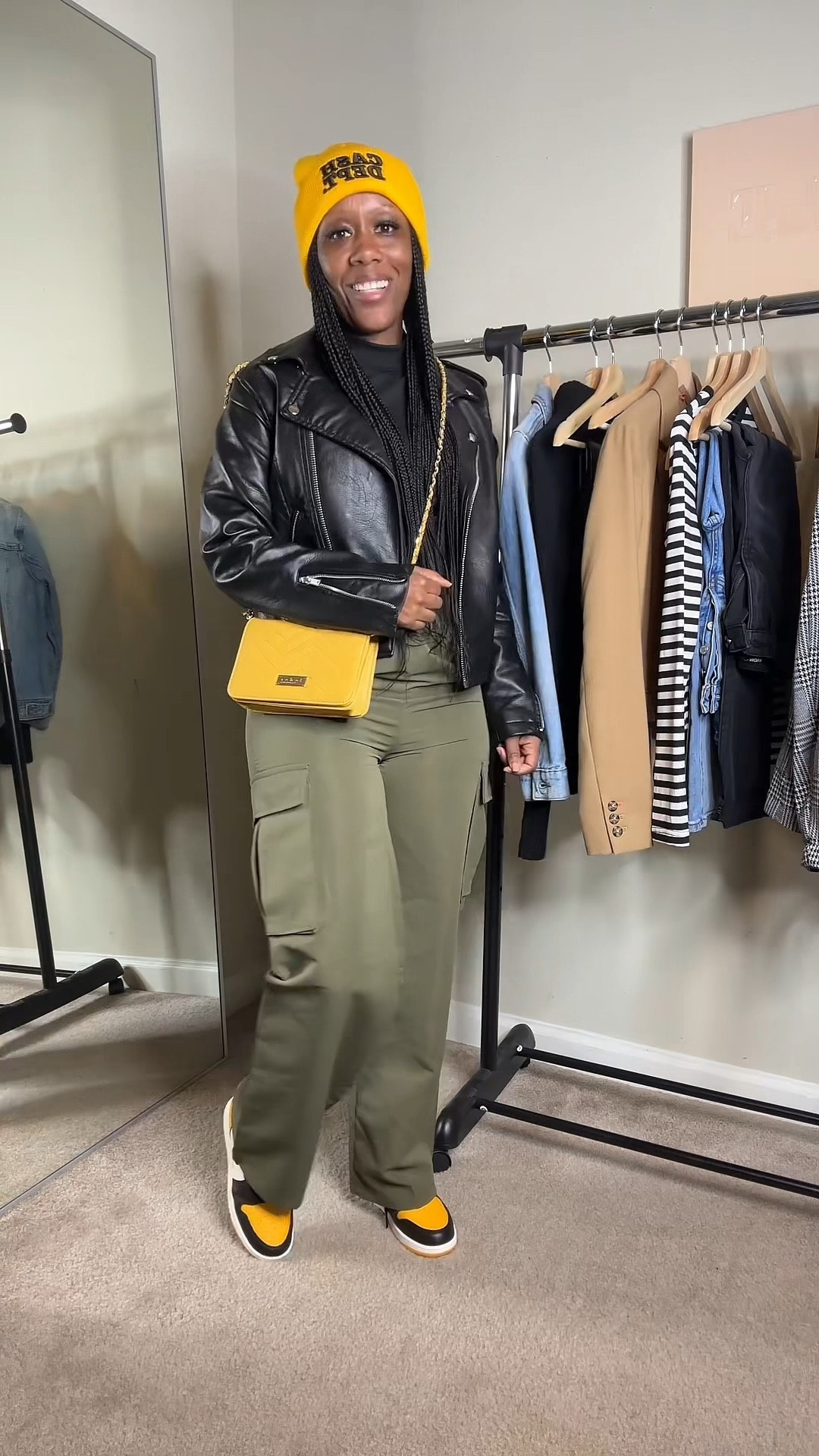 How to style Jordan 1 ‘Taxi’. I opted for a casual outfit that I could wear to  lunch with friends. I’m wearing a size medium long sleeves black crop top, size small wide leg cargo pants, and a size small faux leather jacket! I added a yellow beanie and a yellow crossbody bag for a pop of color.

#LTKfindsunder100 #LTKMostLoved #LTKstyletip