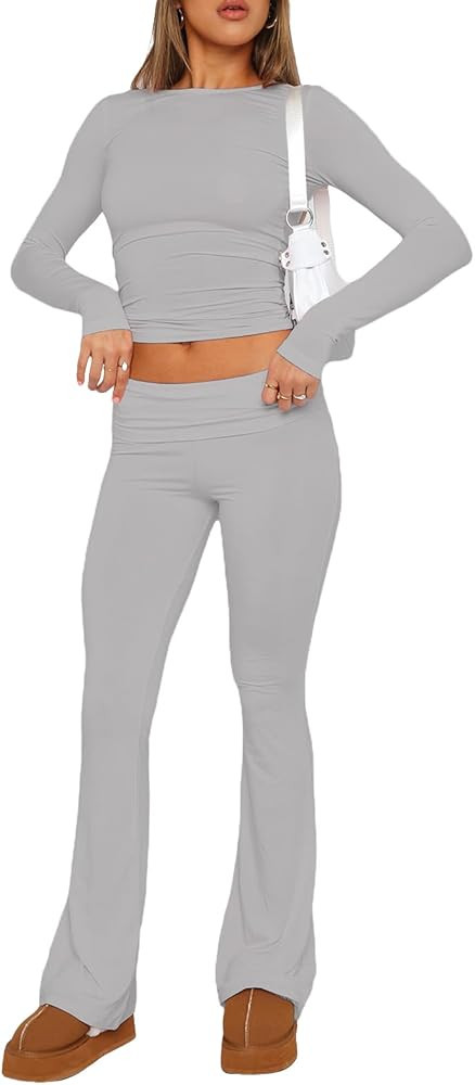 Women Two Piece Flare Pants Set Basic Long Sleeve Crop Top Low Rise Yoga Leggings Set Outfits Lou... | Amazon (UK)