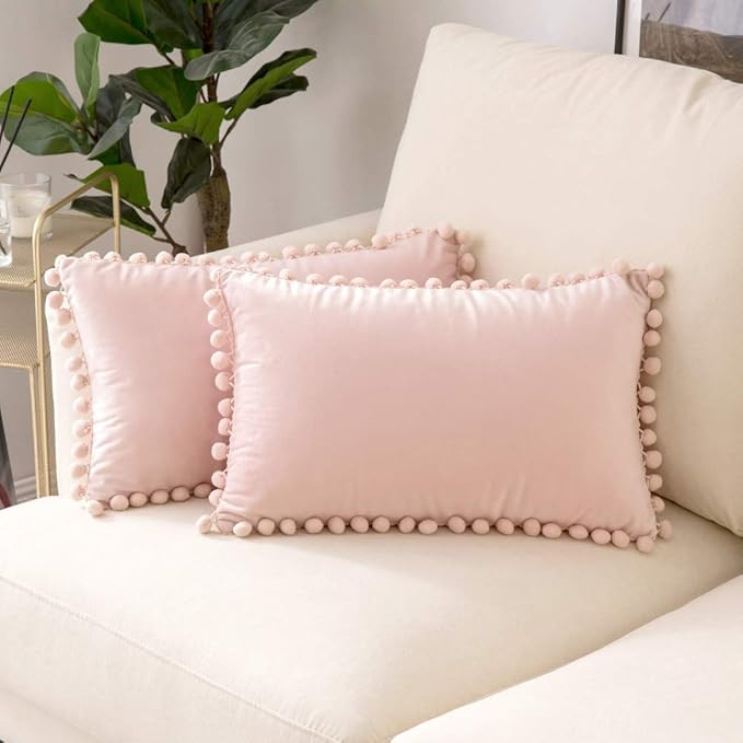 Woaboy Decorative Pillow Covers 12x20 Pink Throw Pillows Pack of 2 Cozy Soft Pom-poms Velvet Couc... | Amazon (US)