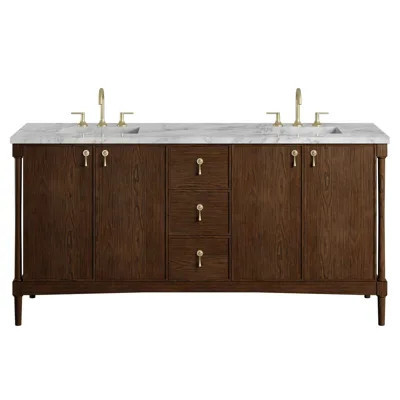 Tara Modern Classic White Carrara Marble Brown Oak Double Vanity Sink - 72 | Kathy Kuo Home