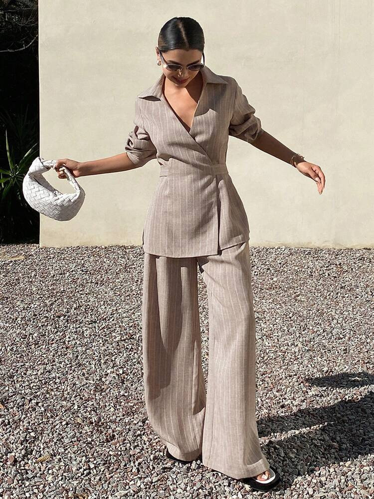 Livesso Spring & Summer Loose Business Casual Vacation Style Fashion Office Wear Striped Cinched Waist V-Neck Blouse And Wide Leg Casual Pants 2-Piece Set For Women | SHEIN