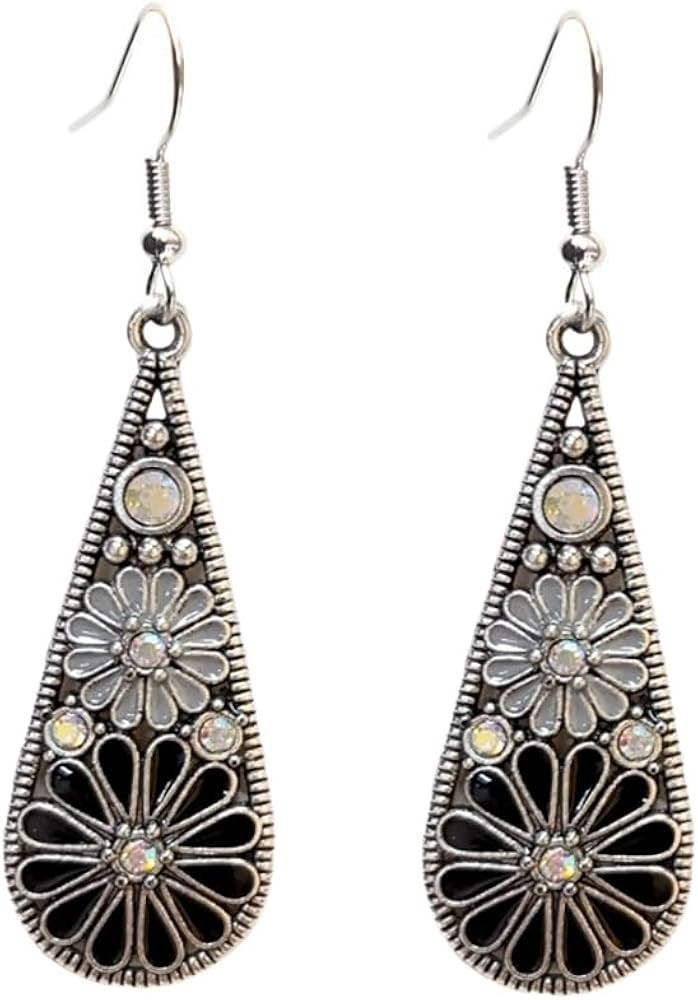 Vintage Daisy Teardrop Statement Earrings for Women Silver Plated AB Crystal Boho Cherry Blossom ... | Amazon (US)