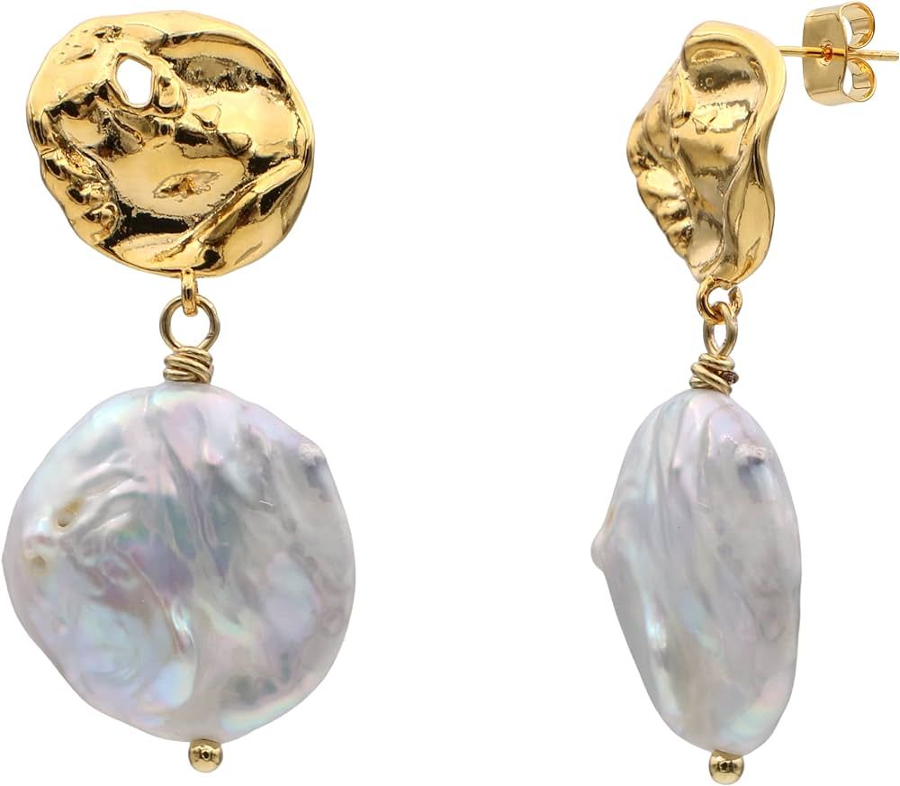 Natural Flat Pearl Double Drop Post Earrings | Amazon (US)