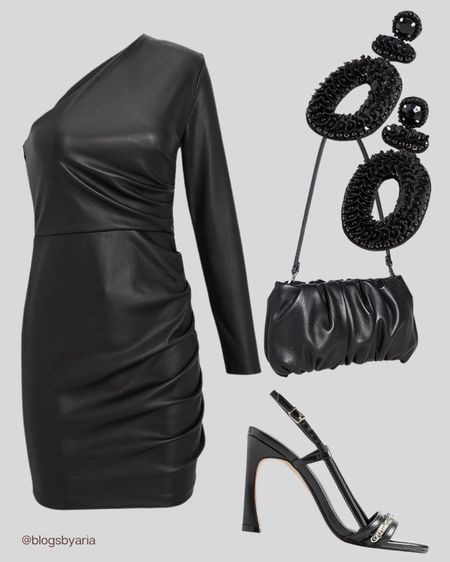 Date night look 🖤 faux leather one sleeve dress paired with black accessories. Black earrings, black clutch bag, black heels #datenight #littleblackdress #lbd #nightoutlook 

#LTKshoecrush #LTKitbag #LTKstyletip