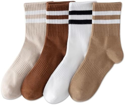 YUWELL Womens Striped Crew Socks, Cotton Cozy Casual Socks for Women 4 Pairs, Size 5-10 | Amazon (US)