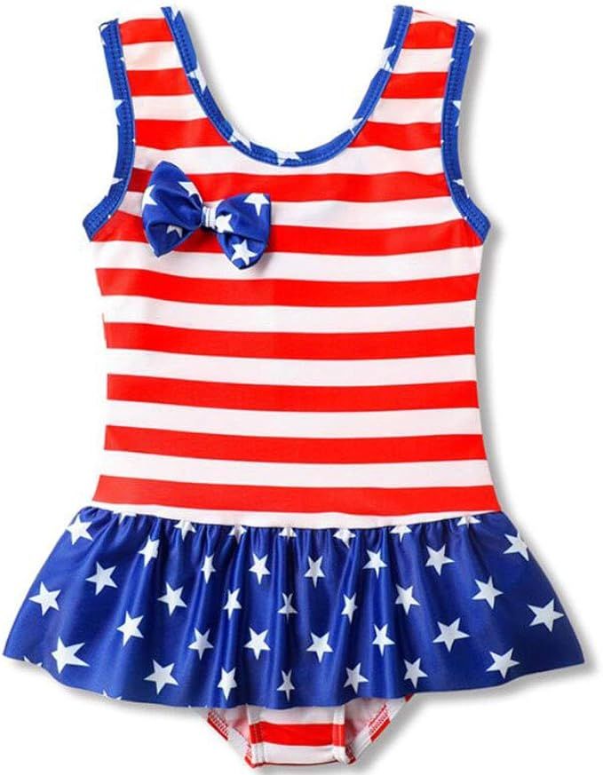 July 4th Baby Girl Ruffled Single Piece American Flag Printed Bow Beach Swimwear Swimsuit Rash Gu... | Amazon (US)