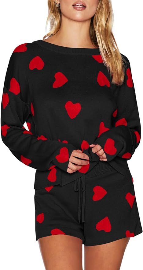 Saodimallsu Women’s Valentine's Day Pajama Set Hearts Print Lounge Sets Long Sleeve Sweater and... | Amazon (US)