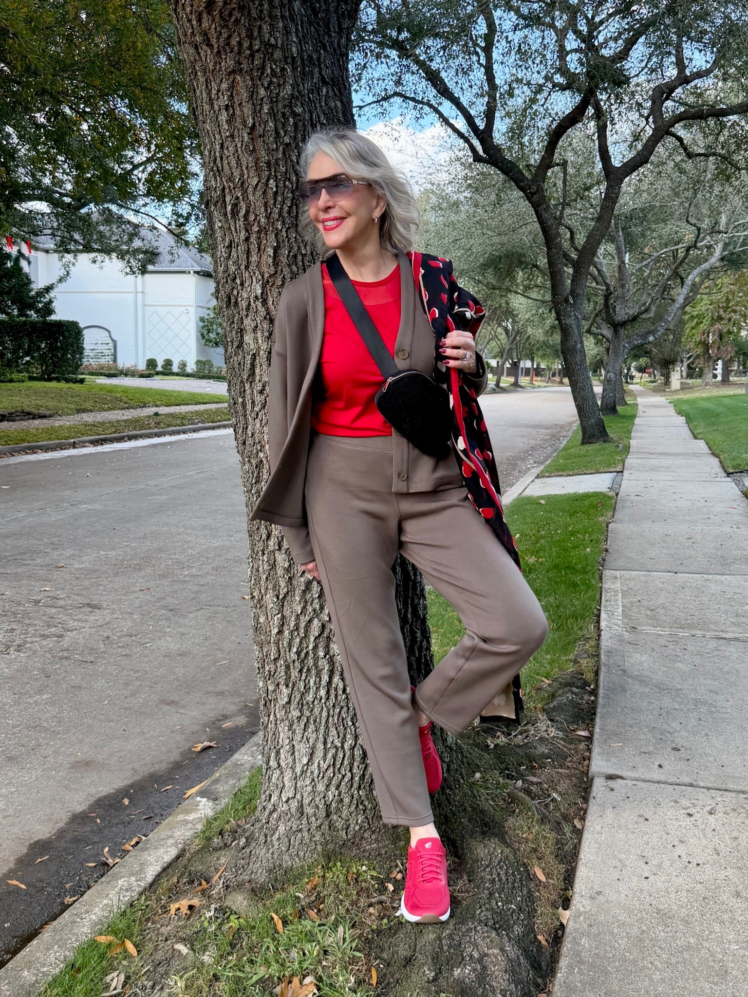 Spanx Air essentials Cardigan and slim straight pants with 4-way stretch.
Crossbody - belt bag 
Red Athleisure top by Air Essentials. 
Red sneakers for women, 

#LTKSaleAlert #LTKOver40 #LTKActive