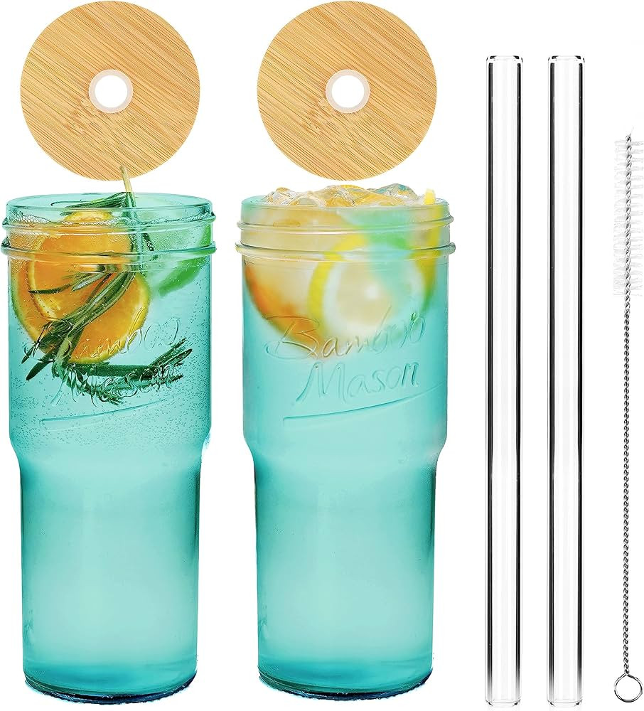 ANOTION Colored Glass Cups with Lids and Straws - 24oz Travel Coffee Mug Wide Mouth Mason Jar Ice... | Amazon (US)