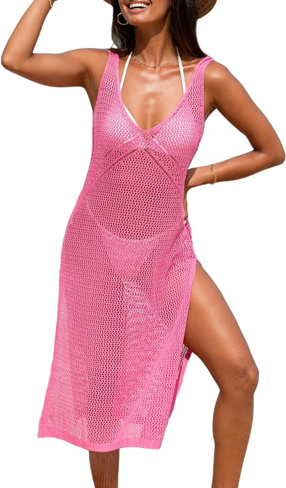 CUPSHE Women Crochet Swimsuit Cover Up Sleeveless Hollow Out Long Swim Coverup 2024 Split Mesh Be... | Amazon (US)