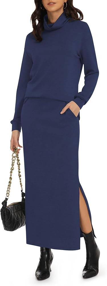 Casly Lamiit Women's 2 Piece Skirt Set Turtleneck Tops Long Skirt Matching Outfits with Pockets F... | Amazon (US)