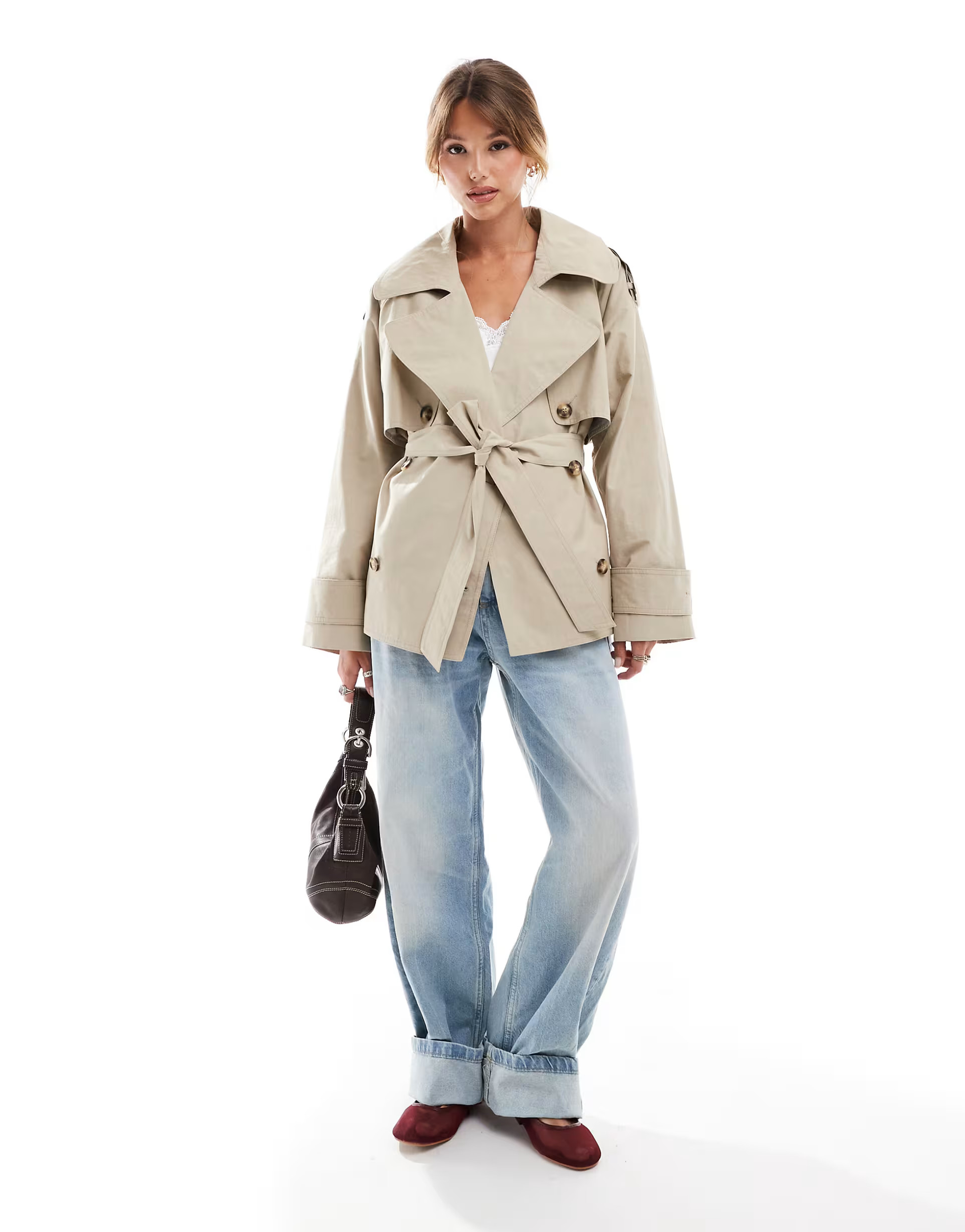 ASOS DESIGN oversized short trench coat with belt in stone | ASOS (Global)