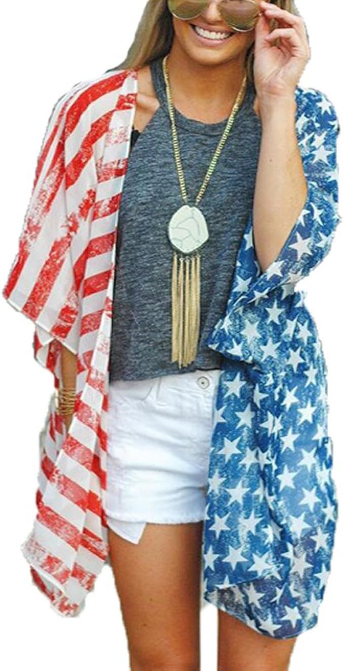 Askwind 4th of July Women's American Flag Print Kimono Cover Up Tops Shirt | Amazon (US)
