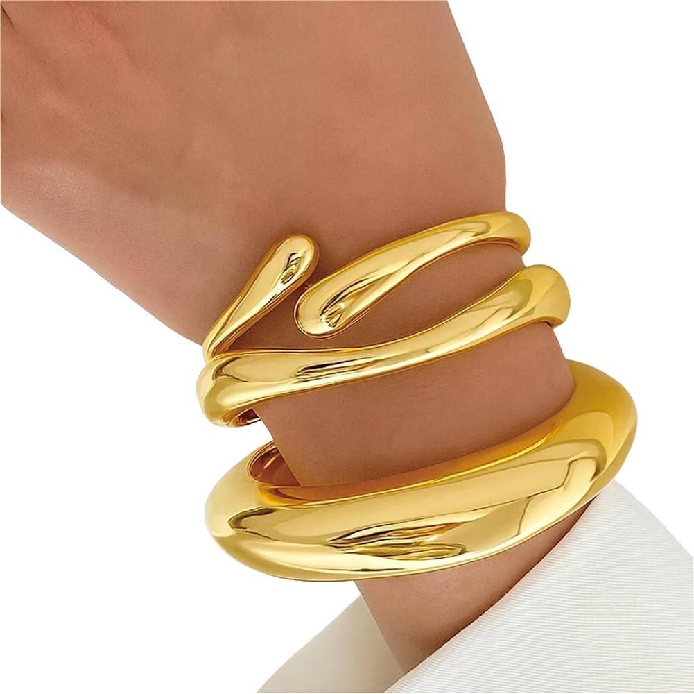Chunky Gold Bangle Bracelets for Women – 14K Gold Plated, 3-Piece Stackable Cuff Bangles Set, T... | Amazon (US)