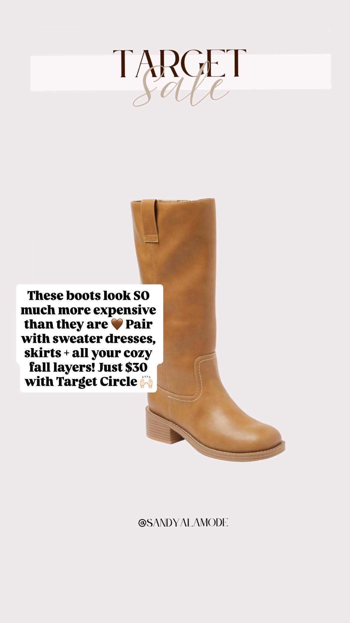 These Target boots look SO much more expensive than they are! 🤎 Just $30 with Target Circle, and the prettiest cognac color to pair with sweater dresses, skirts + cozy fall layers. Love the tall shaft + block heel for an easy fall outfit!

@Target

Target finds / Target Circle deals / tall boots / cognac boots / fall shoes / sweater dress outfit / affordable fall fashion