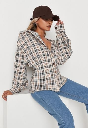 Missguided - Petite Cream Plaid Corset Waist Shirt | Missguided (US & CA)