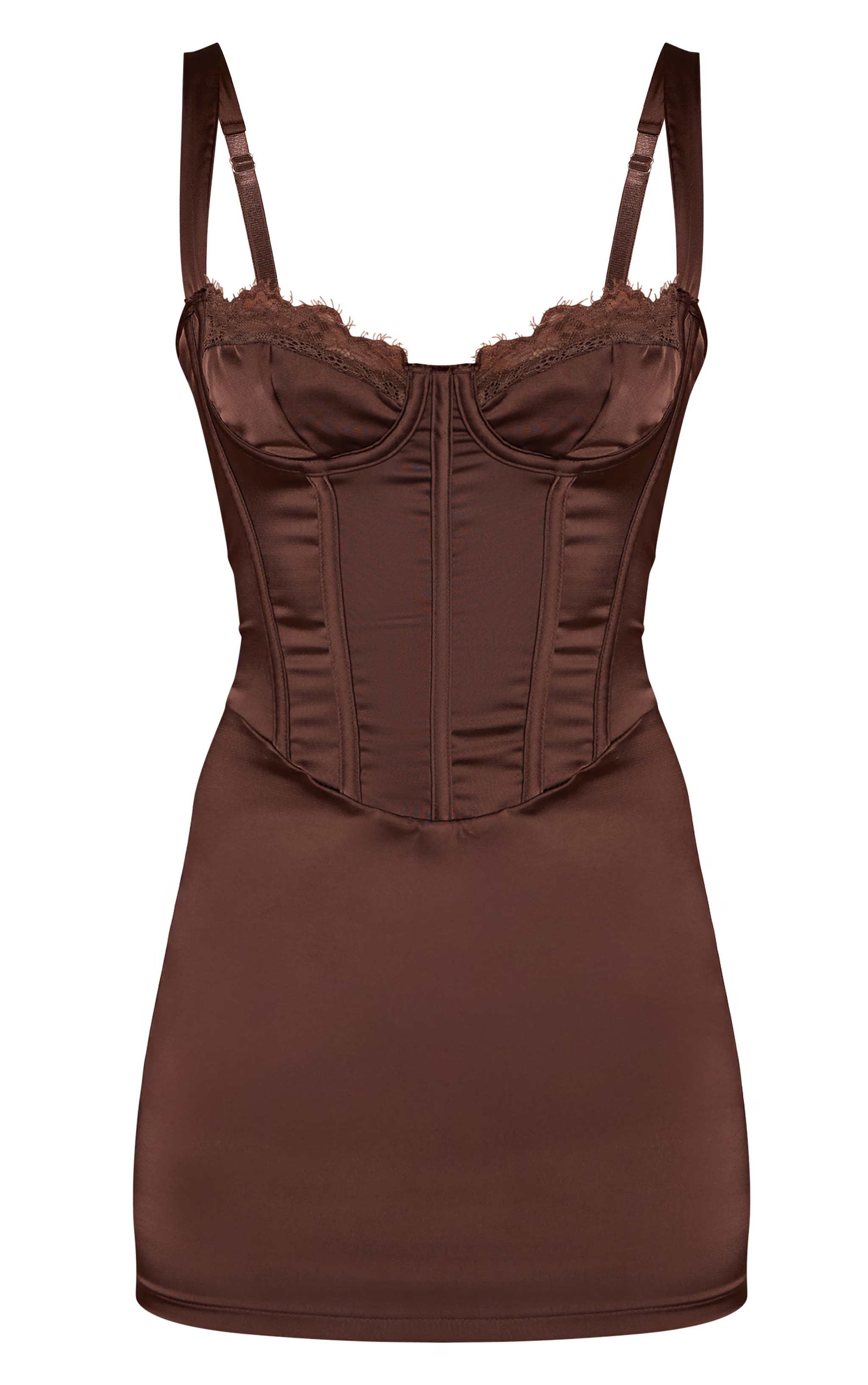 Chocolate Satin Lace Cup Detail Mini Dress | PrettyLittleThing UK