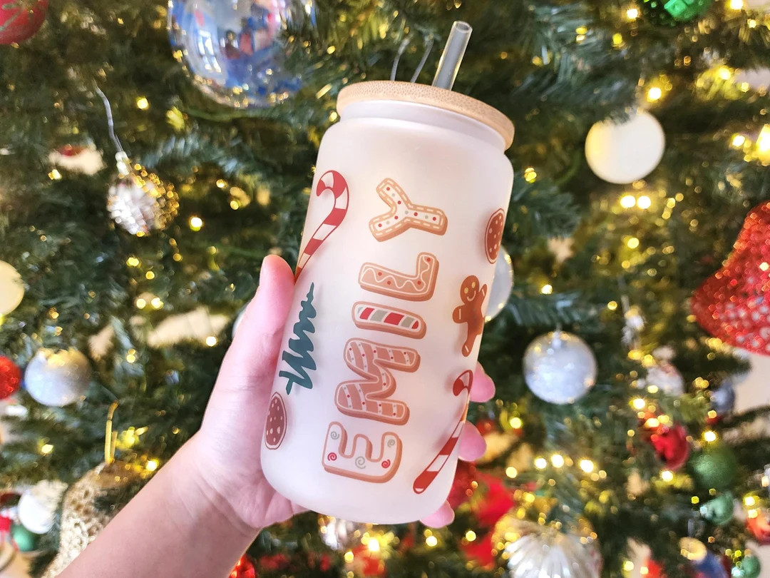 Custom Name Gingerbread Man Christmas Holiday 16 Oz Frosted Glass Can for Iced Coffee, Holiday Fa... | Etsy (US)