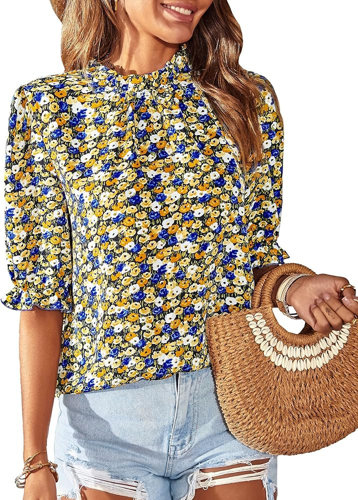 BTFBM Women's Summer Boho Shirt Top Ruffle Short Sleeve Frill Trim Mock Neck Floral Print 2023 Ca... | Amazon (US)