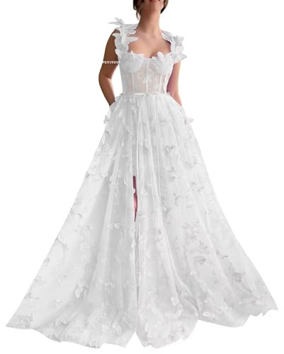 PEIYJYUSP White Tulle Prom Dresses for Women 2025 3D Floral Lace Formal Dress Long Ball Gown A Line Evening Dress with Slit US6 | Amazon (US)