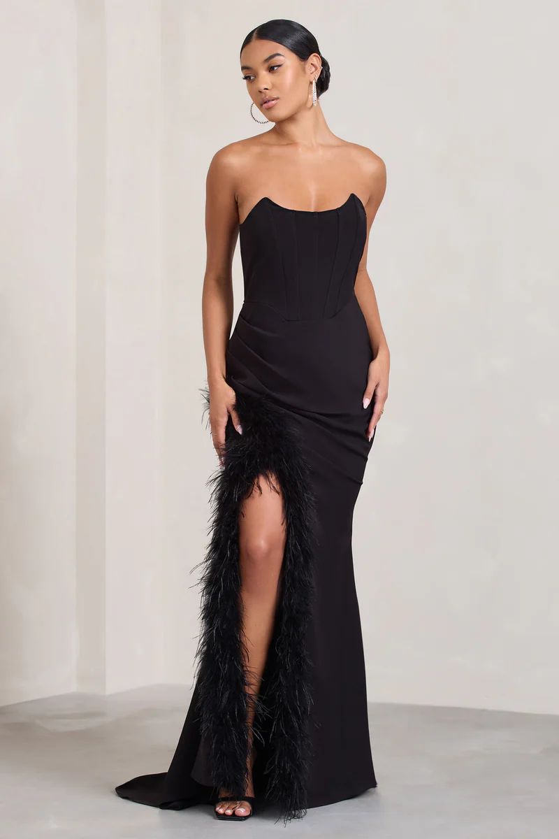 Say Yes | Black Corset Maxi Dress With Split Feather Skirt | Club L London