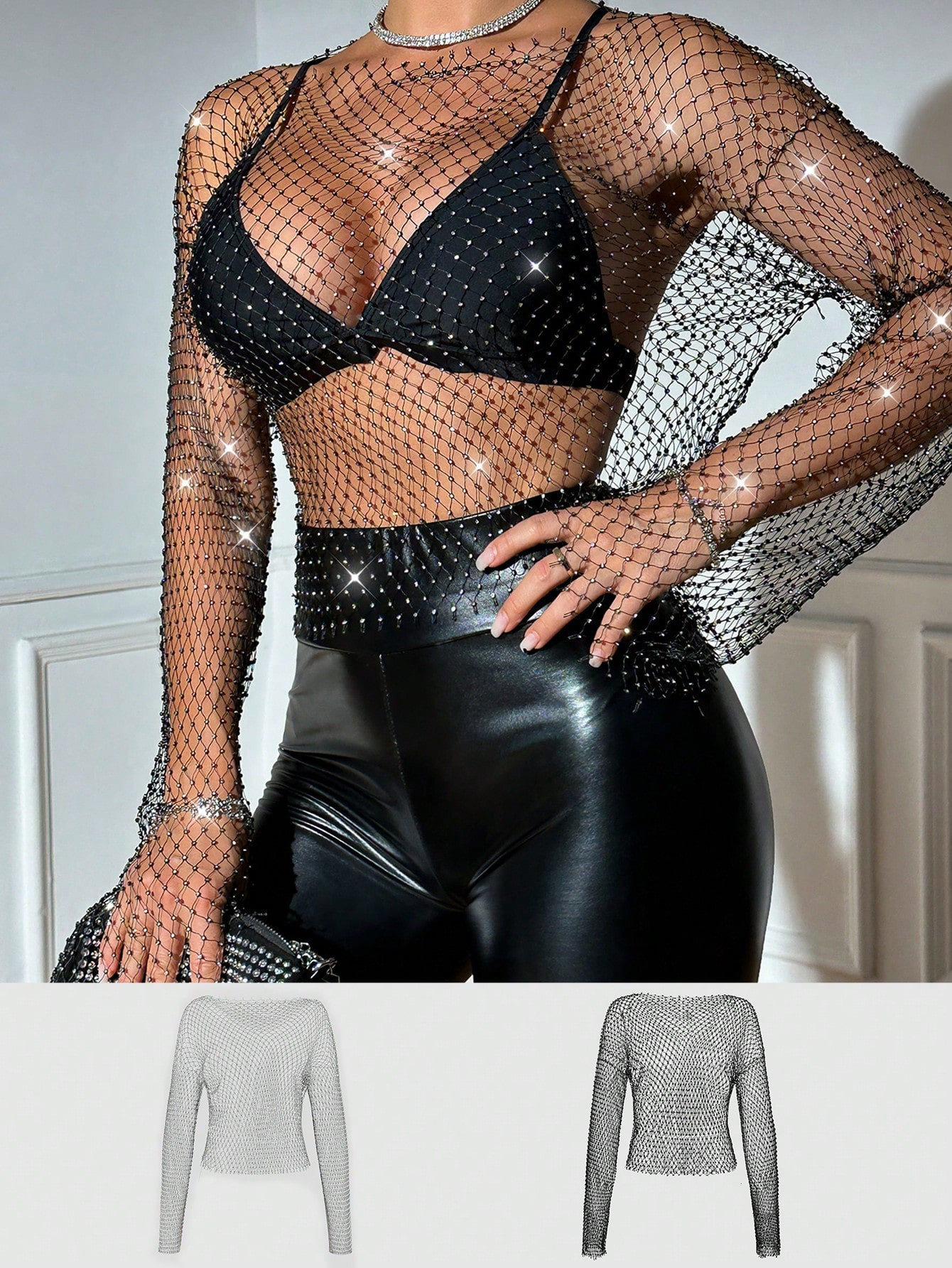 SHEIN SXY Rhinestone Studded Fishnet Mesh Top Without Bra | SHEIN