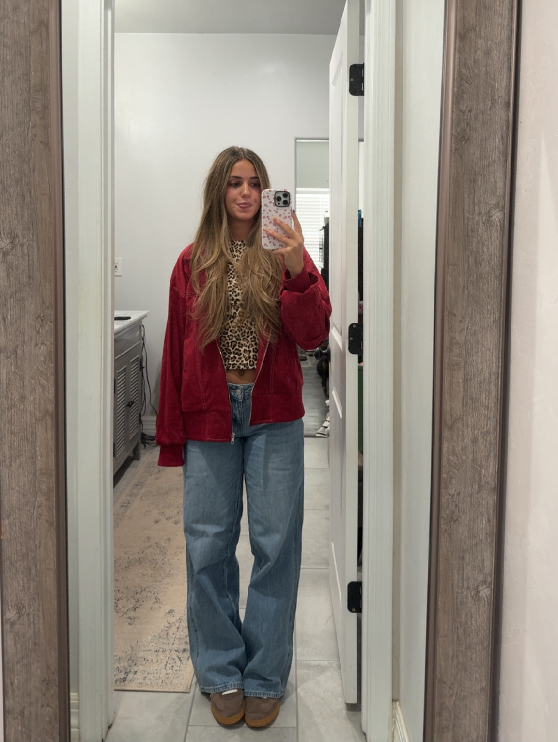Bomber jacket fit!! Wearing US 2 in jacket and 25 in jeans!