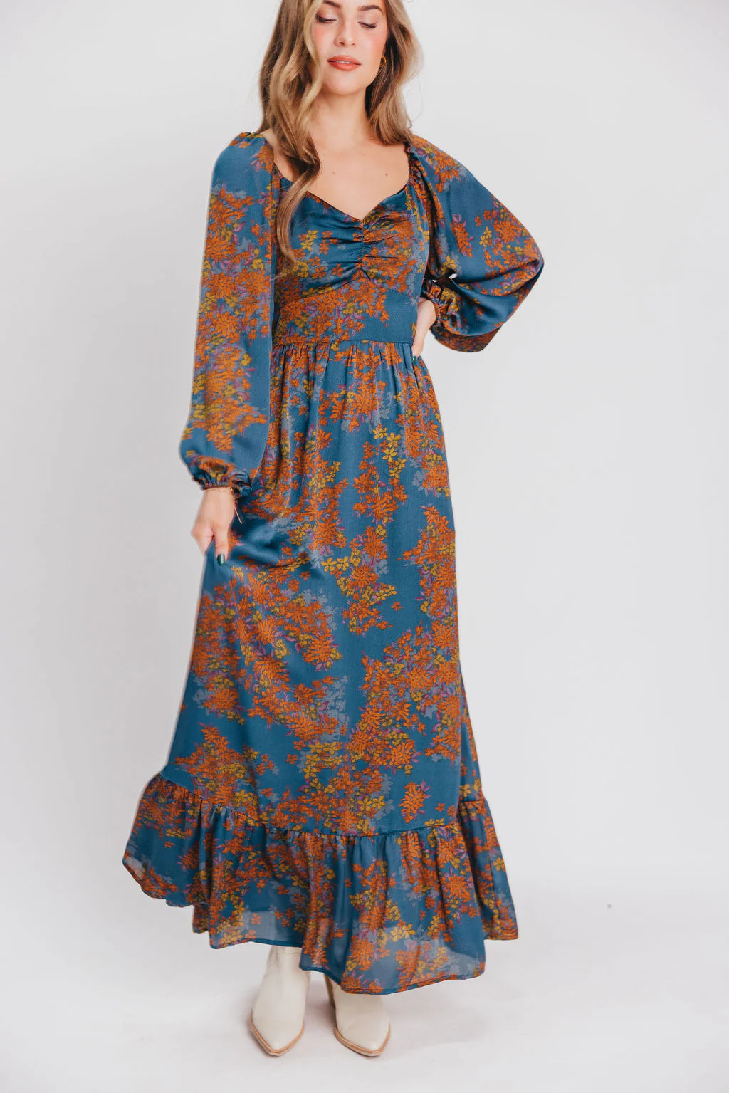 Emmy Sweetheart Neckline Maxi Dress in Teal / Mustard Floral - Bump Fr | Worth Collective