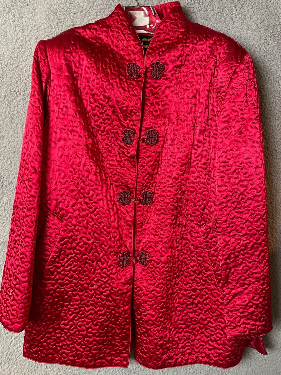 Double Fortune Jacket Womens XL Red Quilted Silk Blend Black Accent Frog Closure | eBay US