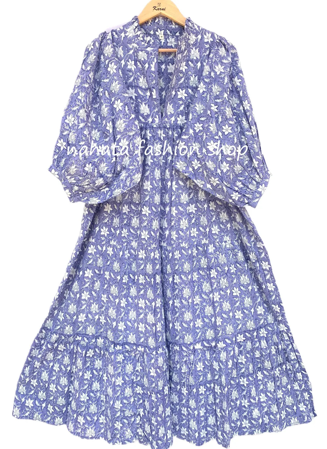 Blue Floral Cotton Maxi Dress \u2013 Hand Block Print Tiered Boho Dress \u2013 Puff Sleeve Long D... | Etsy (Global)