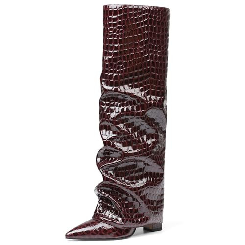 SaraIris Women's Knee High Boots Slouchy Red Pointed Toe Fold Over Chunky High Heel Shark Shoes for Women | Amazon (US)
