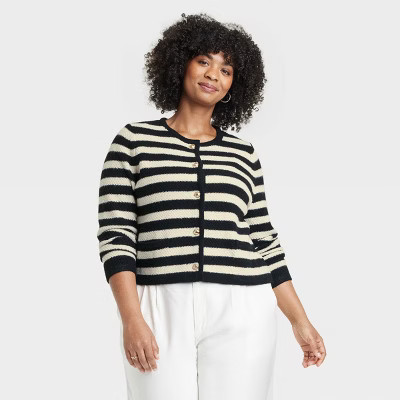 Women's Ribbed Cuff Button-Front Cardigan - A New Day™ Black Striped 2X | Target