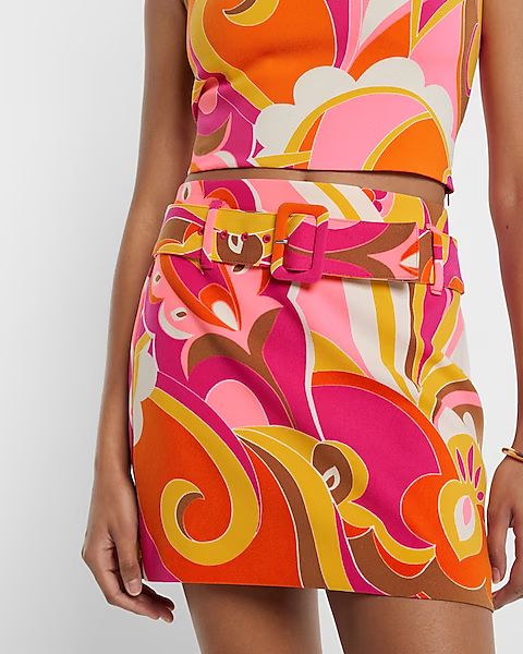High Waisted Printed Belted Mini Skirt | Express