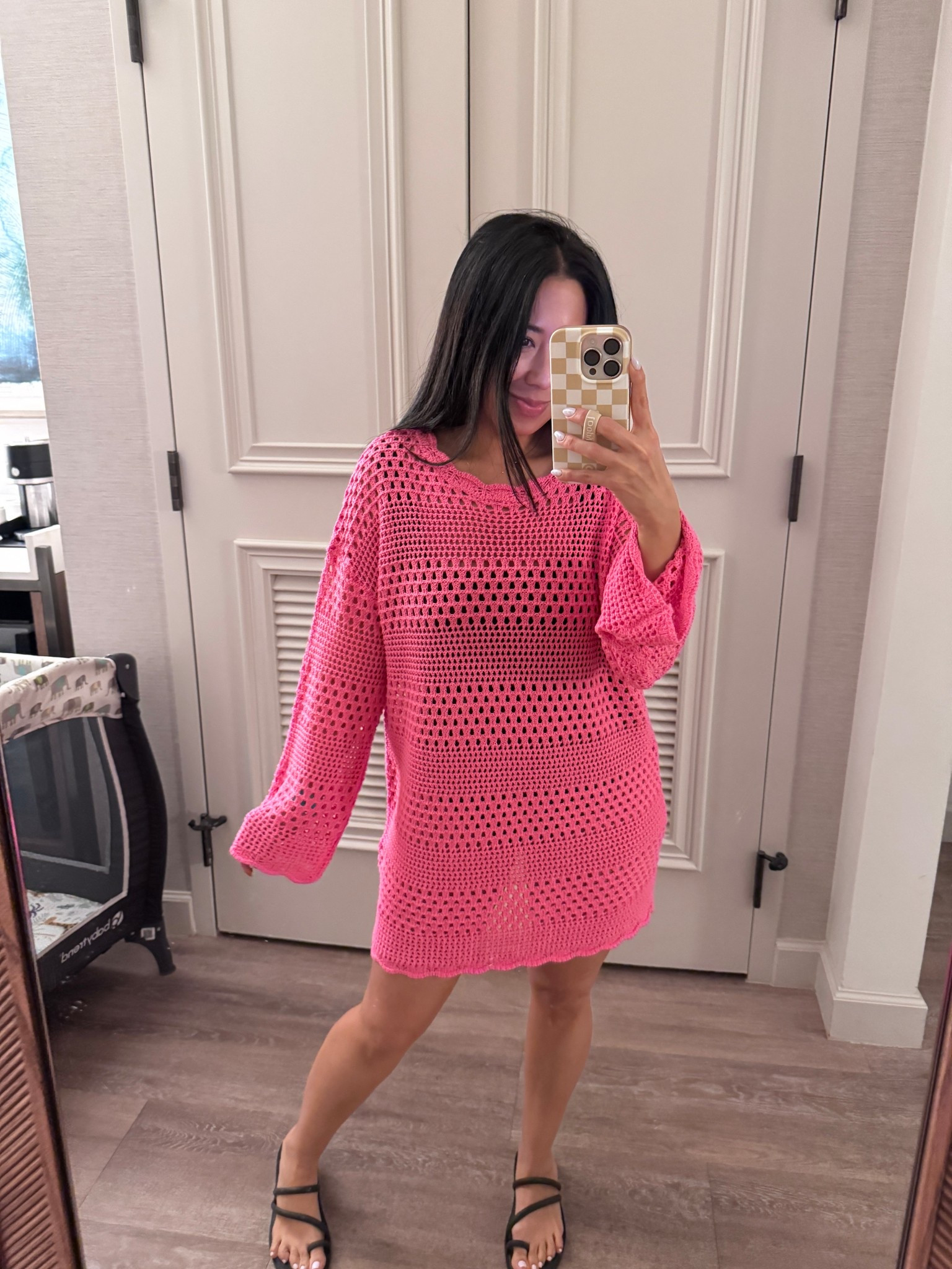 Pink crochet swim coverup. Size small. TTS. Runs oversized. 
One piece black swimsuit from shoe me your mumu. 
This swimsuit is a must for any vacation or beach trip. 
Size medium (I always size up to medium in most swimsuits). 
Similar to Hunza g and soooo comfortable and flattering. Scrunch fabric. 
The perfect mom swimsuit that looks sexy but also very appropriate around kids and family. 
I’ve had this swimsuit for years and has held up so well. 
Will link the matching swim skirt coverup as well. 
Wearing crocs sandals. TTS  

#LTKSwim #LTKmomlife #LTKPetite