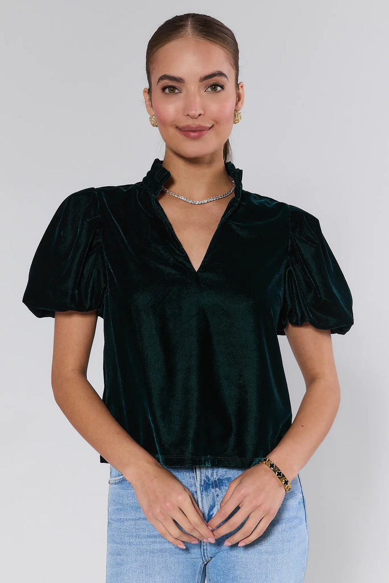Lynette Green Velvet Puff Sleeve Top | Avara