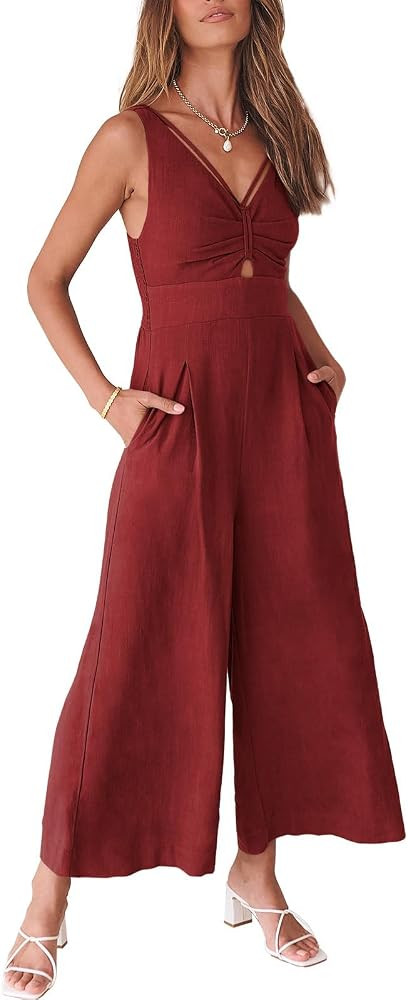 ANRABESS Womens Jumpsuits Summer Linen Wide Leg Sleeveless V Neck Casual Dressy Rompers Pants 202... | Amazon (US)
