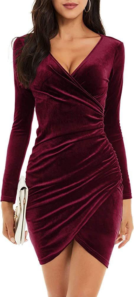 GUBERRY Womens Wrap V Neck Long Sleeve Velvet Bodycon Ruched Cocktail Party Dress | Amazon (US)