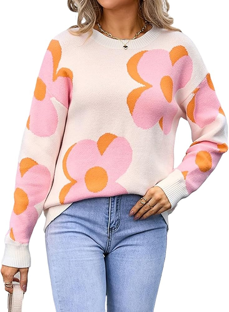 Angashion Women Long Sleeve Sweater - Fall Casual Crewneck Knit Tops Floral Print Cute Loose Pull... | Amazon (US)