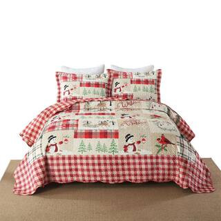 BYV207 Christmas Red Reindeer and Snowman Queen Size Polyester Velvet Quilt Bedspread Set | The Home Depot