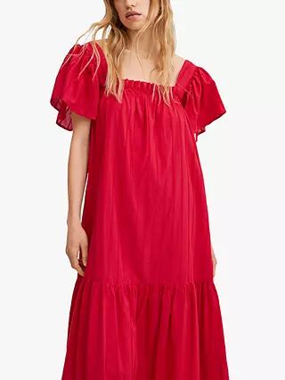 Mango Rufu Cotton Textured Stripe Midi Dress, Red | John Lewis (UK)